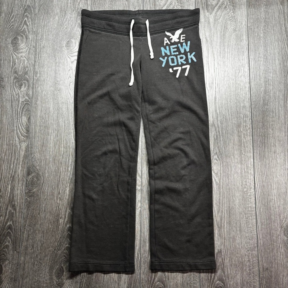 American Eagle Womens Y2K AE New York 77 Graphic Sweatpants Black Straight Leg